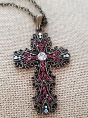 Victorian Baroque Red Rhinestone Statement Cross Necklace Renaissance Faire